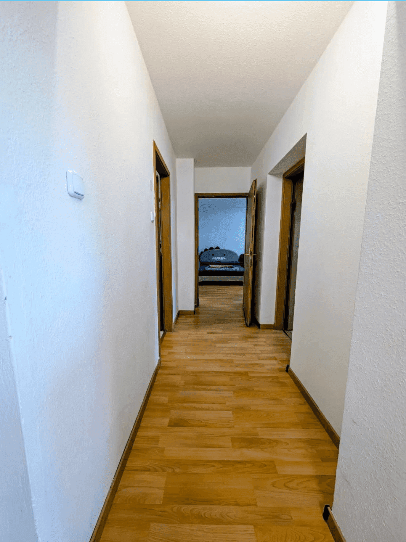 Langer, heller Flur mit Laminatboden und mehreren Holztüren, die zu weiteren Zimmern führen.