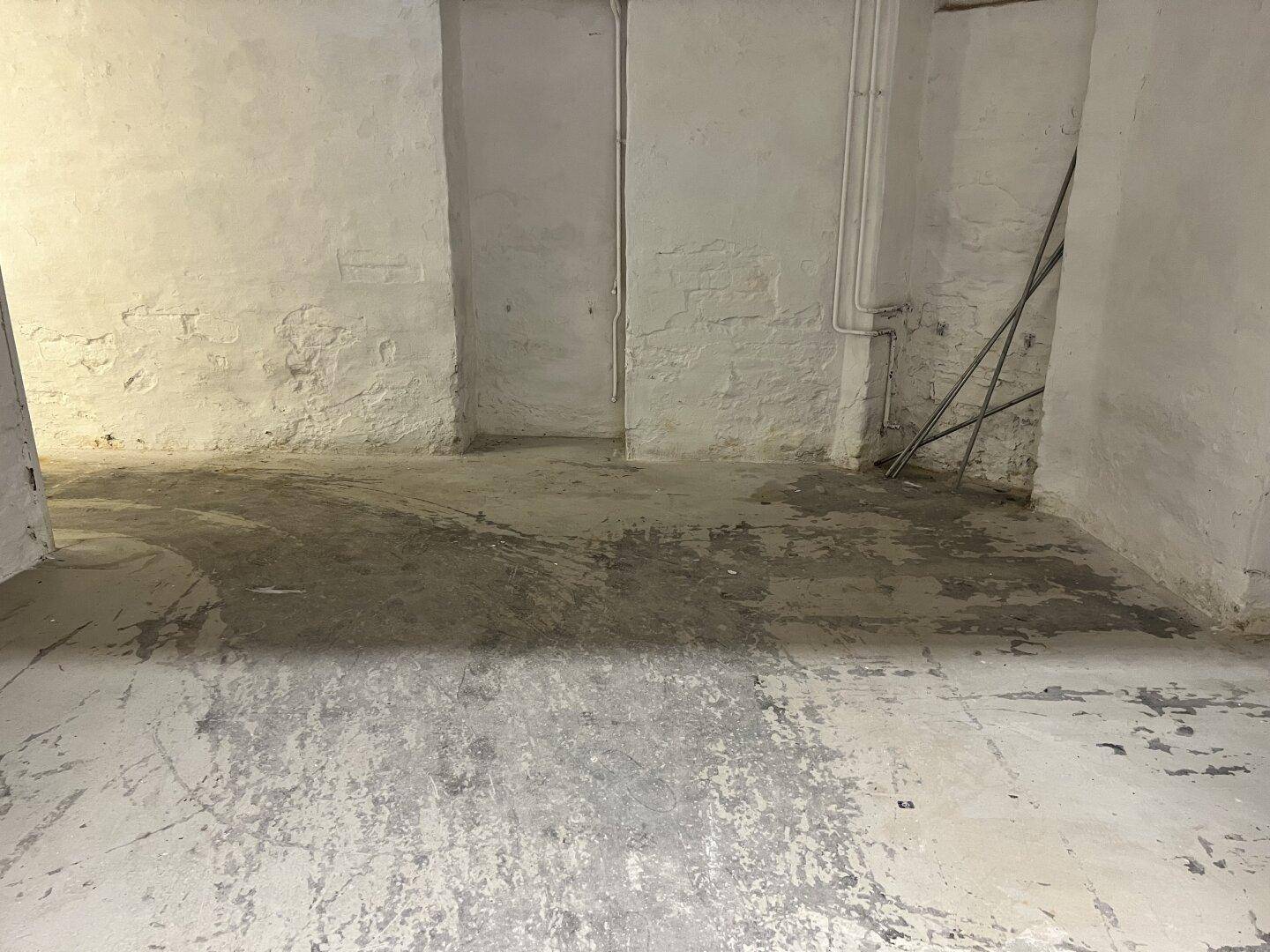 Einfacher Kellerraum mit rauen Wänden und Betonboden, geeignet für Lagerzwecke, funktional.