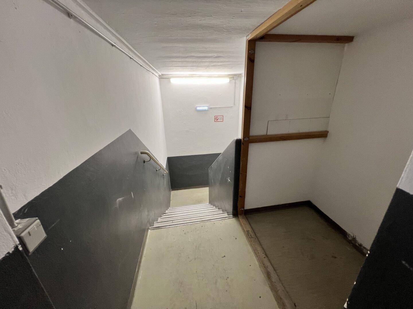 Treppenabgang in den Kellerbereich mit zweifarbigen Wänden und Handlauf, praktisch gestaltet.