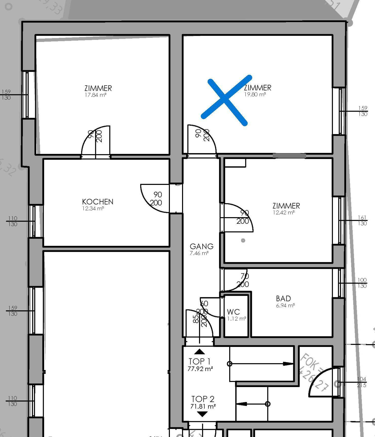 Grundriss einer Wohnung mit mehreren Zimmern, Bad und separatem WC.