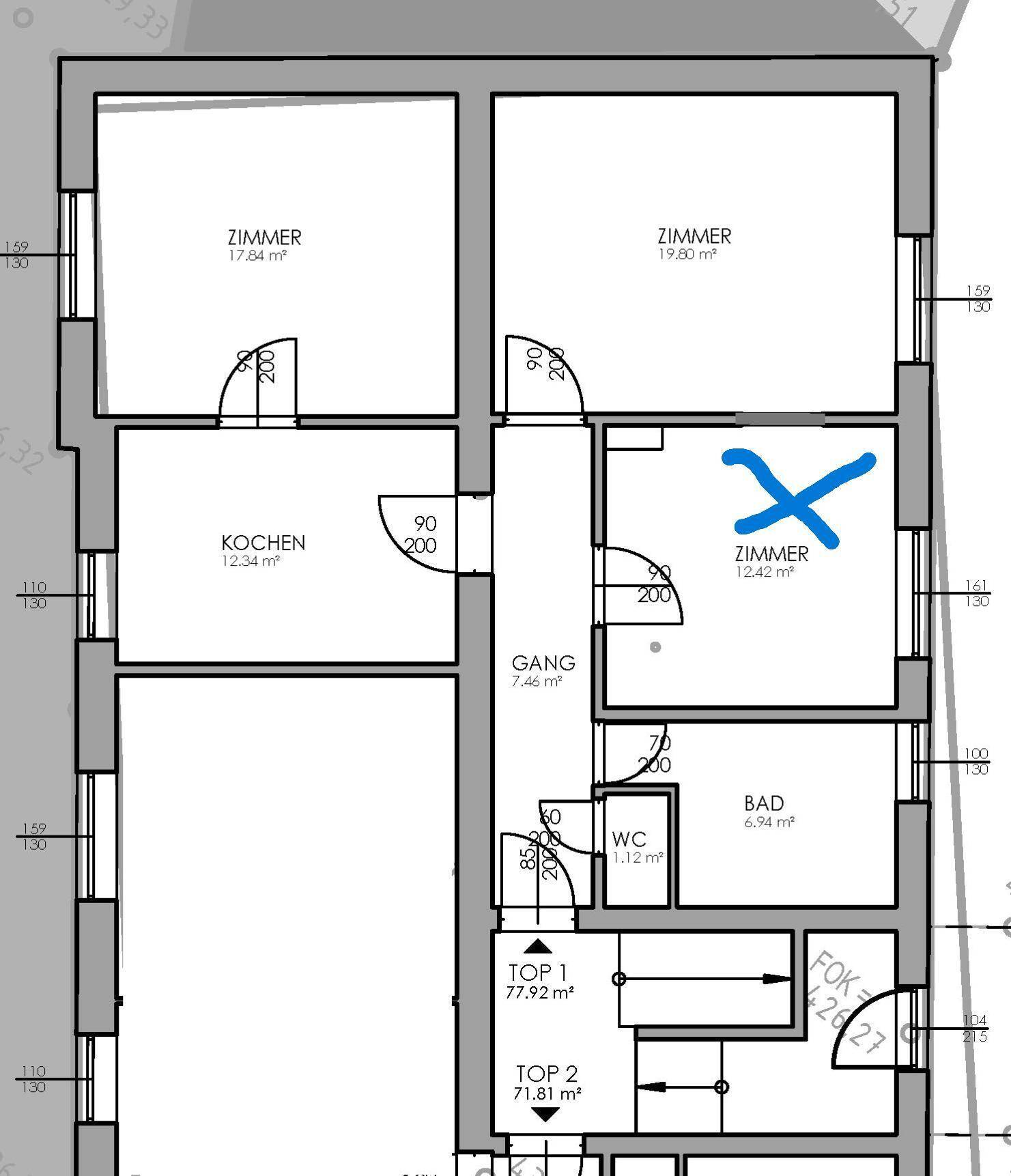 Grundriss einer Wohnung mit mehreren Zimmern, Küche, Bad und WC.