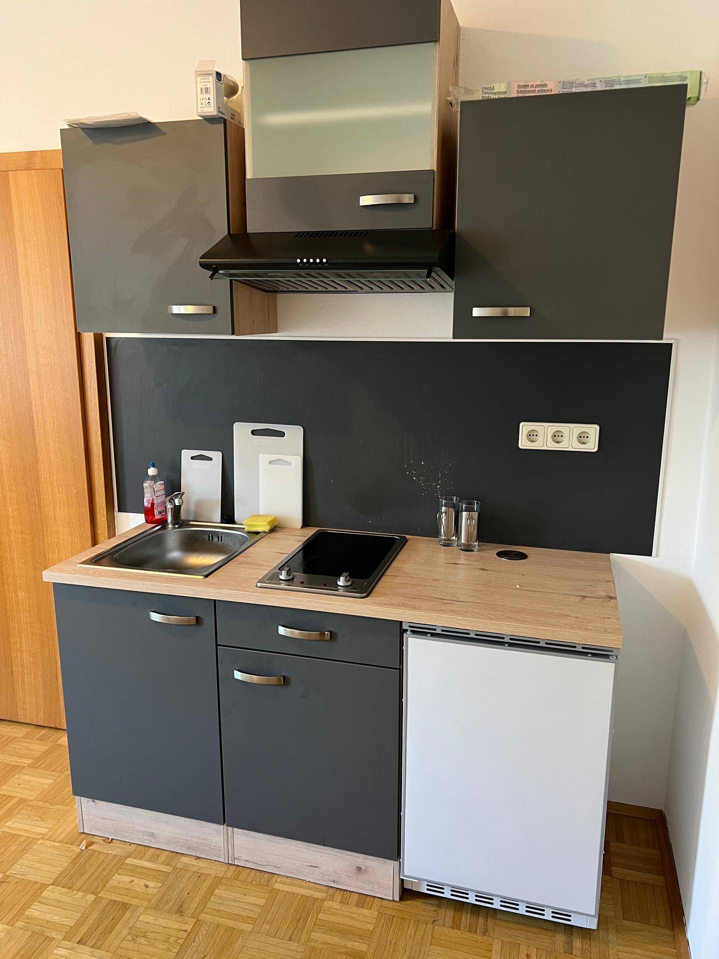 Detailansicht der kompakten Küchenzeile mit Kochfeld, Spüle und Kühlschrank.