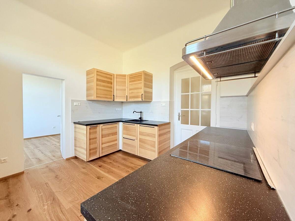 Funktionale Küche mit L-förmiger Arbeitsplatte, Holzschränken und integriertem Kochfeld.