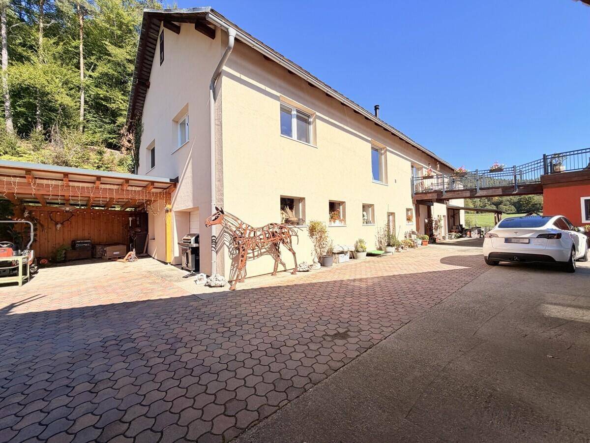 Gepflasterter Hofbereich vor einem Wohnhaus mit Carport und dekorativer Metallskulptur.