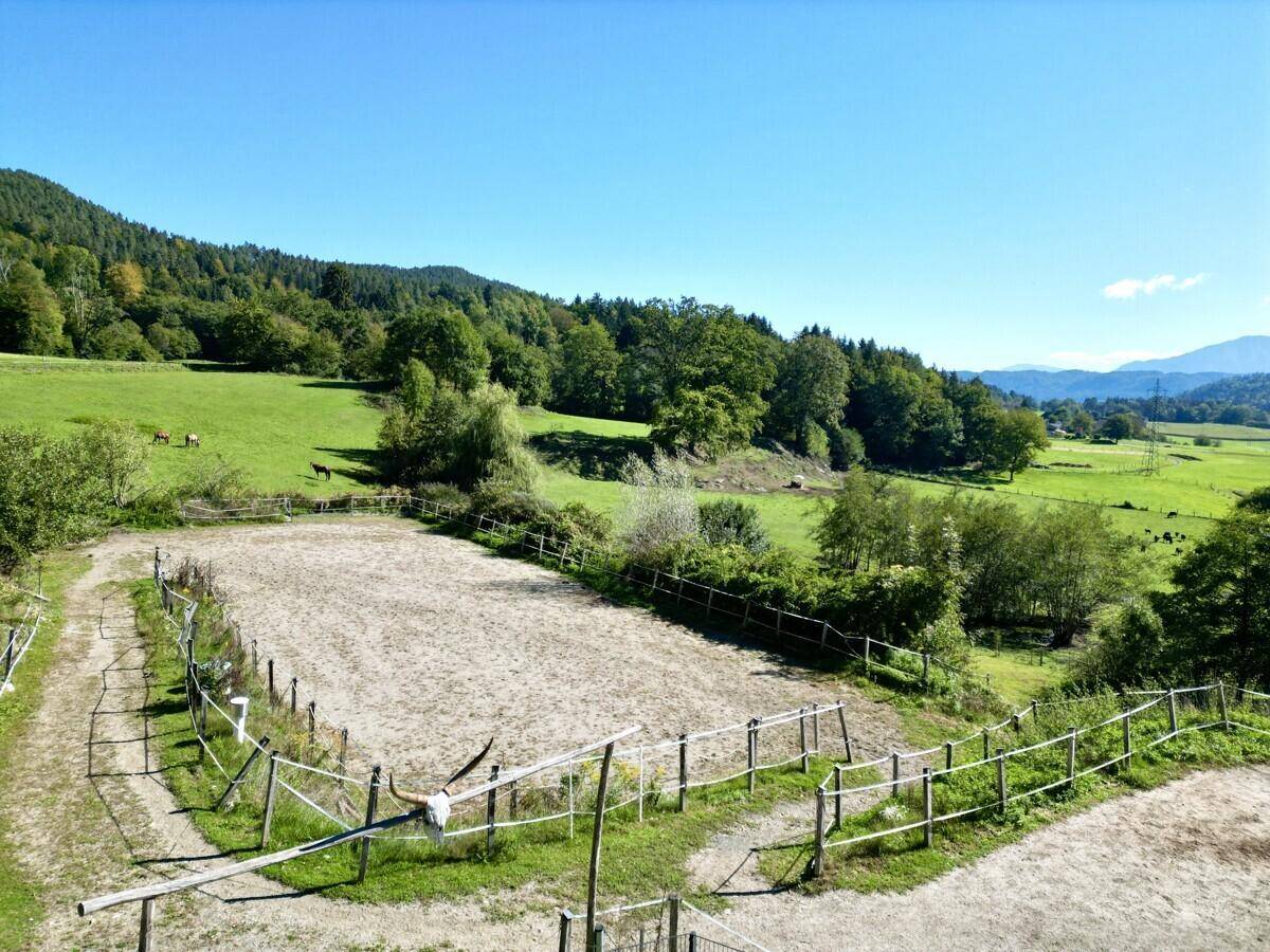 Weitläufige ländliche Landschaft mit Reitplatz, grünen Wiesen und bewaldeten Hügeln unter blauem Himmel.
