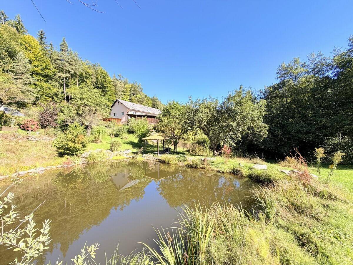Idyllischer Naturteich in einer grünen Gartenlandschaft mit einem kleinen Pavillon und einem Haus im Hintergrund.