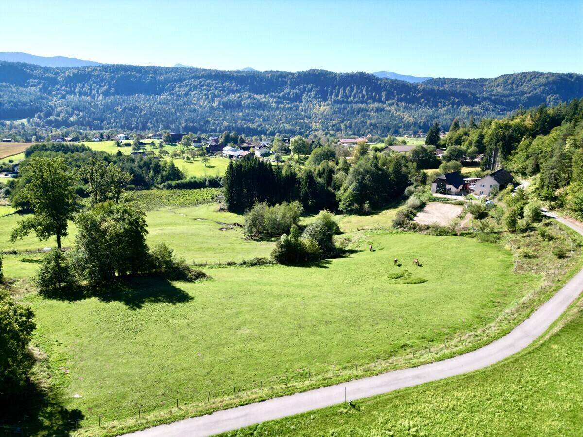 Panoramablick über weite grüne Felder, verstreute Häuser und eine Landstraße vor einer Bergkulisse.