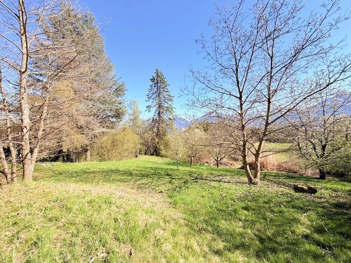 Weitläufiger Gartenbereich mit Rasenfläche, Bäumen und Panoramablick auf die Berge.