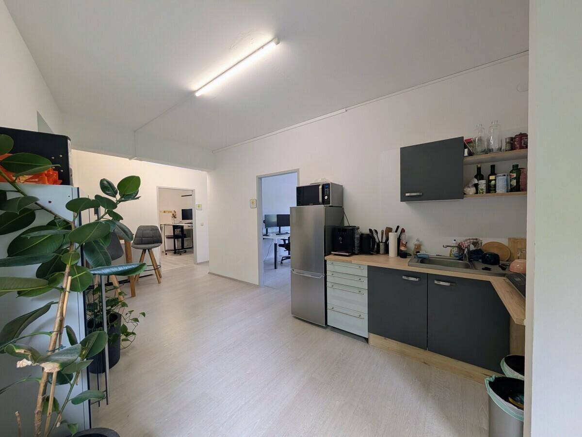 Kleine Küchenzeile mit Kühlschrank und Mikrowelle, angrenzend an einen Flur mit Pflanzen.