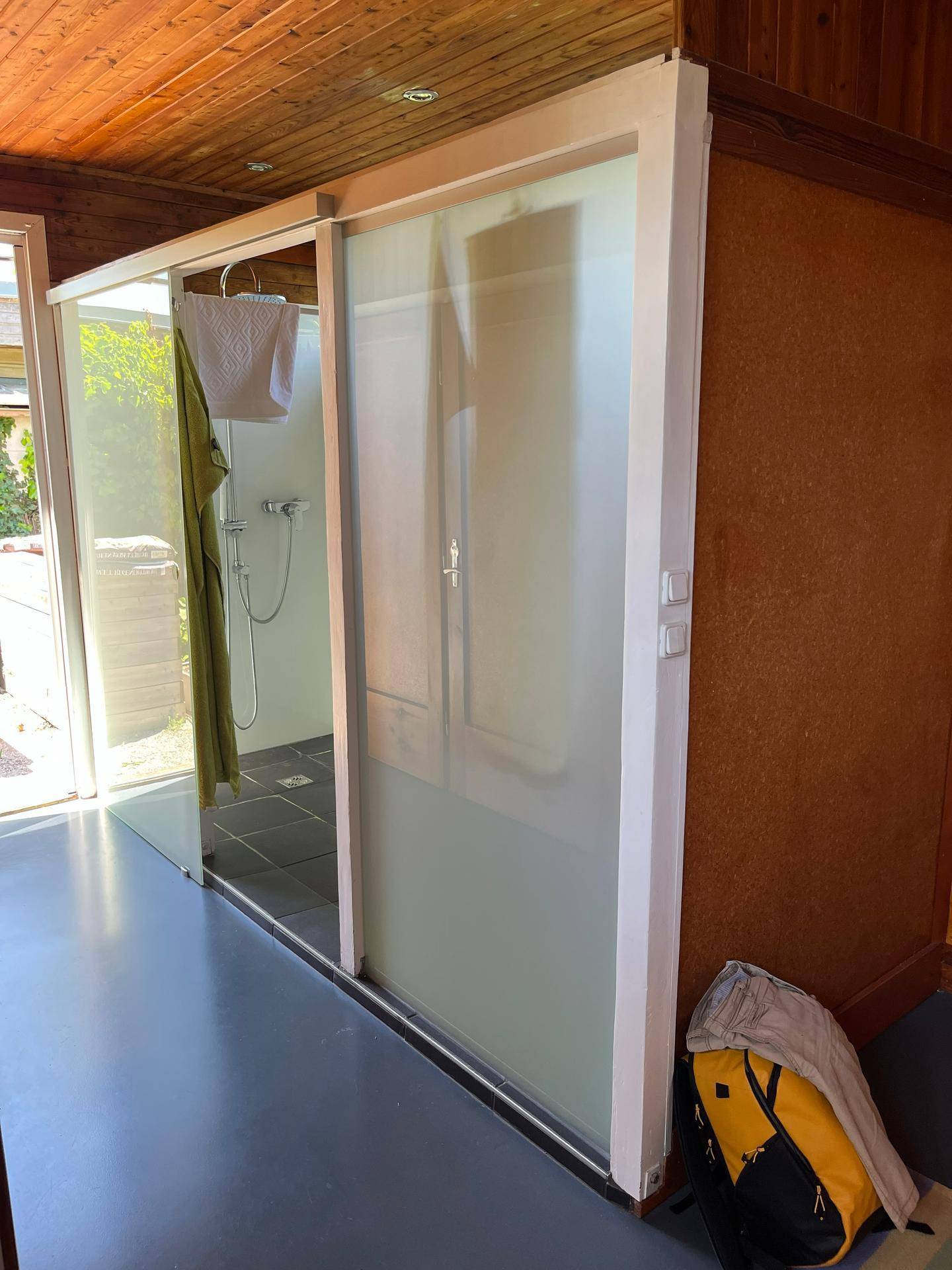 Moderne Duschkabine mit Glaswänden und dunklem Boden in einem holzvertäfelten Raum.