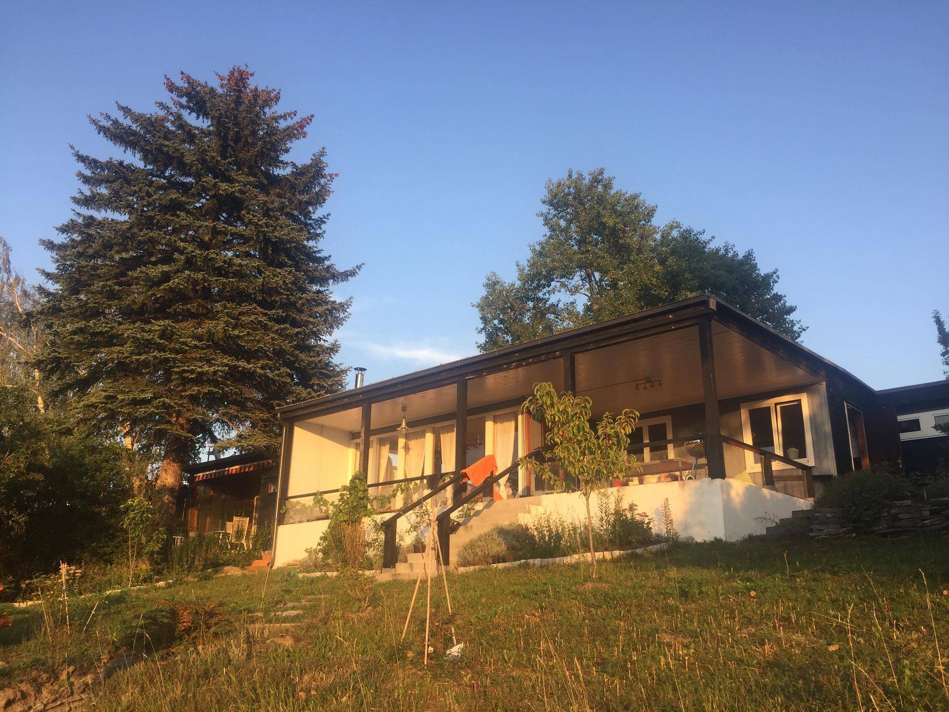Haus mit überdachter Terrasse und großem Nadelbaum im Vordergrund bei Sonnenuntergang.