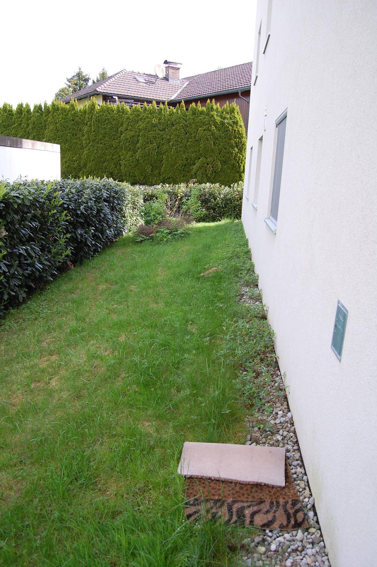 Gepflegter Gartenbereich neben dem Haus mit Rasenfläche und hohen Hecken.