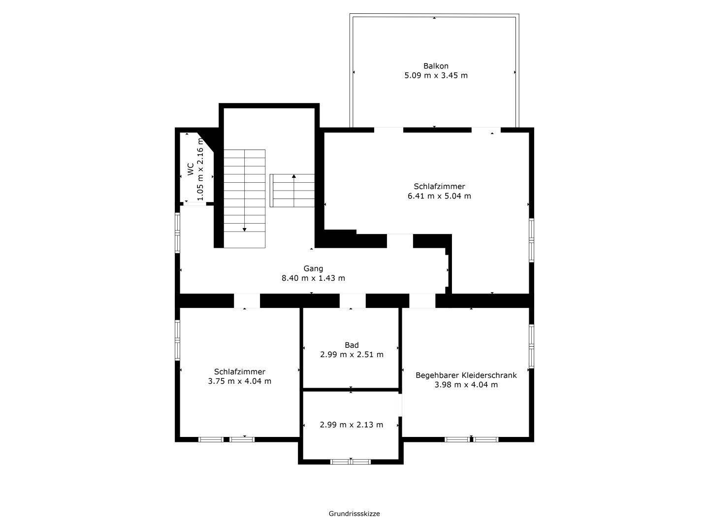 Grundriss des Obergeschosses mit Schlafzimmern, Bad, WC und begehbarem Kleiderschrank.