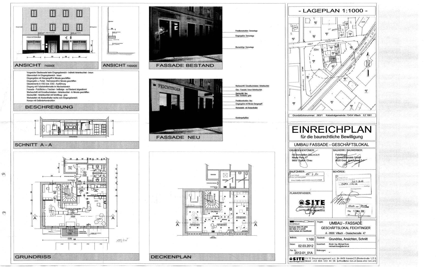 Ein Einreichplan für eine Fassadenumbauung mit Grundriss, Schnitt und Lageplan des Gebäudes.