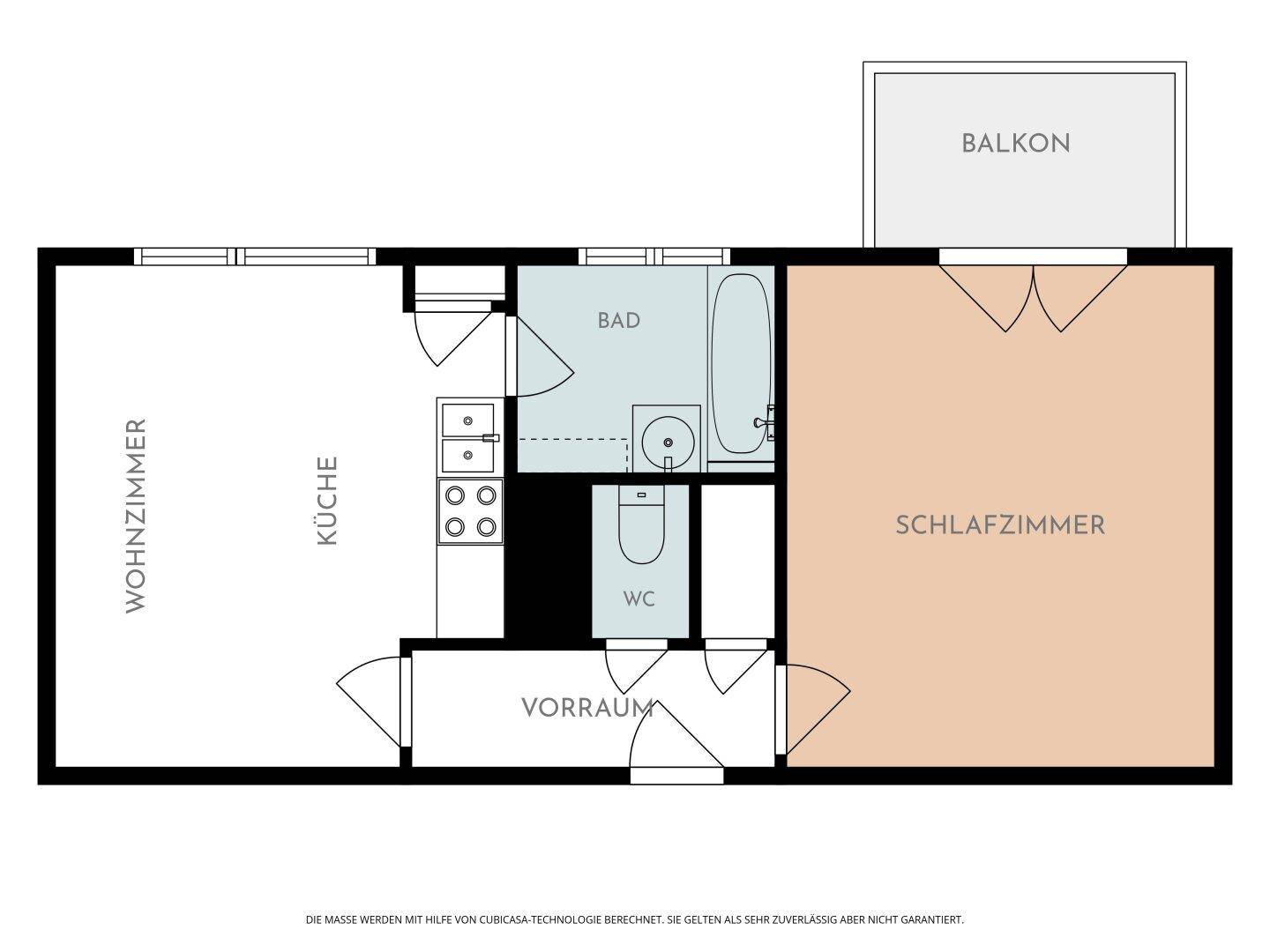 Grundriss einer Wohnung mit Wohnzimmer, Küche, Schlafzimmer, Bad, WC und Balkon.