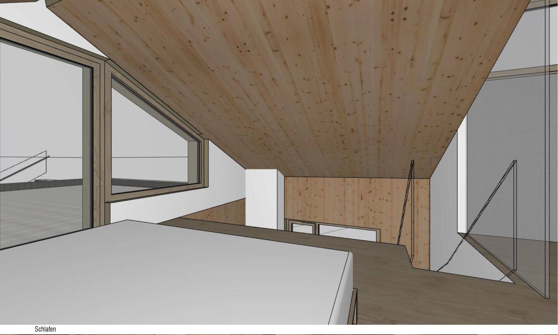 Helles Schlafzimmer im Dachgeschoss mit Holzwänden, großen Fenstern und schrägen Decken.