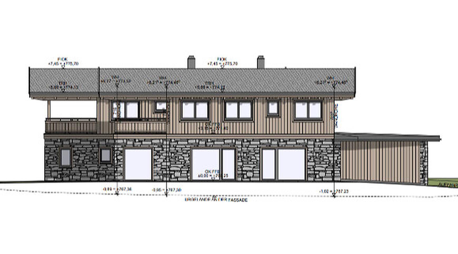 Architektonische Seitenansicht der Häuser mit Balkon und einer Mischung aus Holz- und Steinfassade.