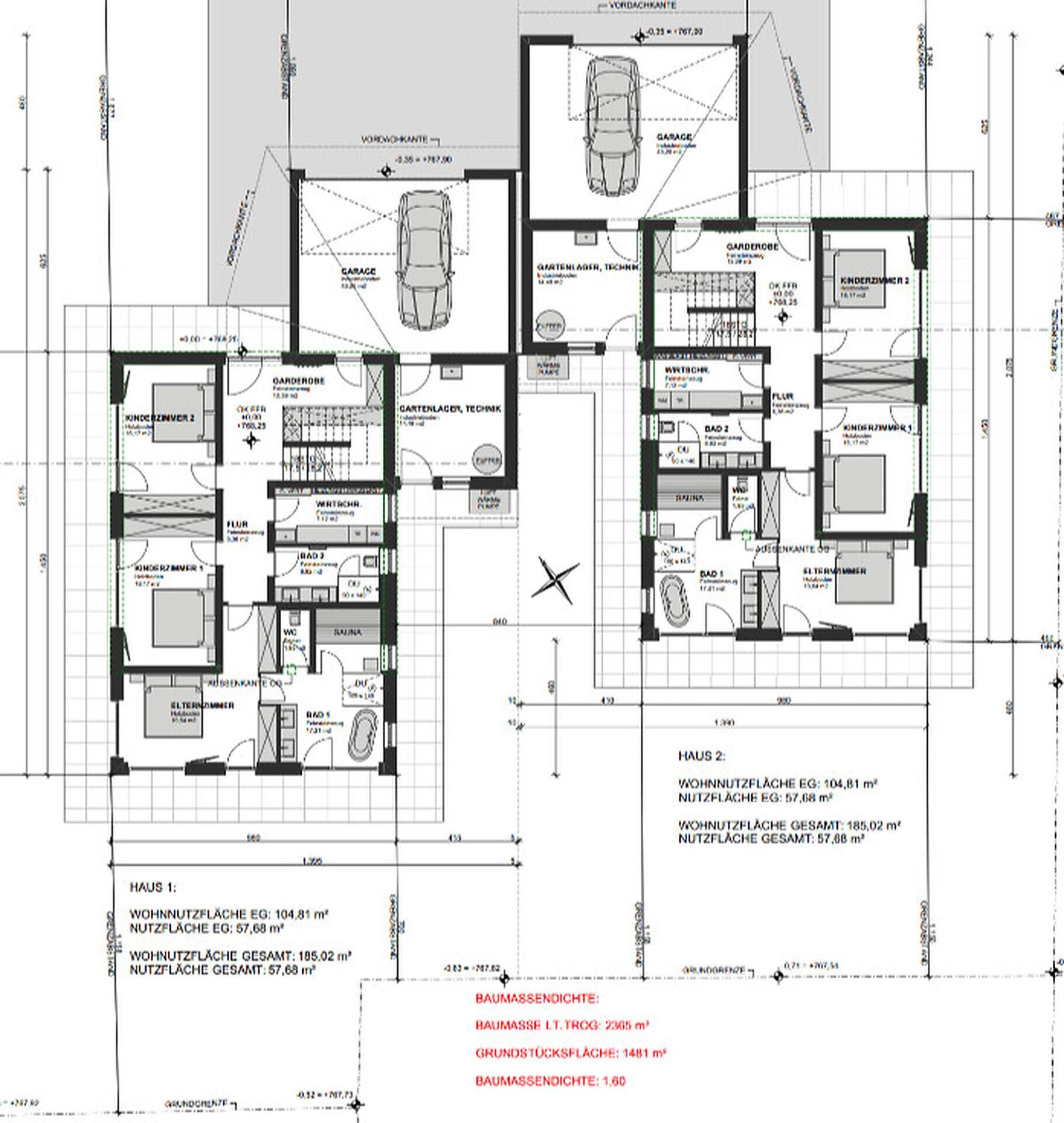 Grundriss des Erdgeschosses mit Schlafzimmern, Bädern, Garagen und einer Sauna für zwei separate Wohneinheiten.