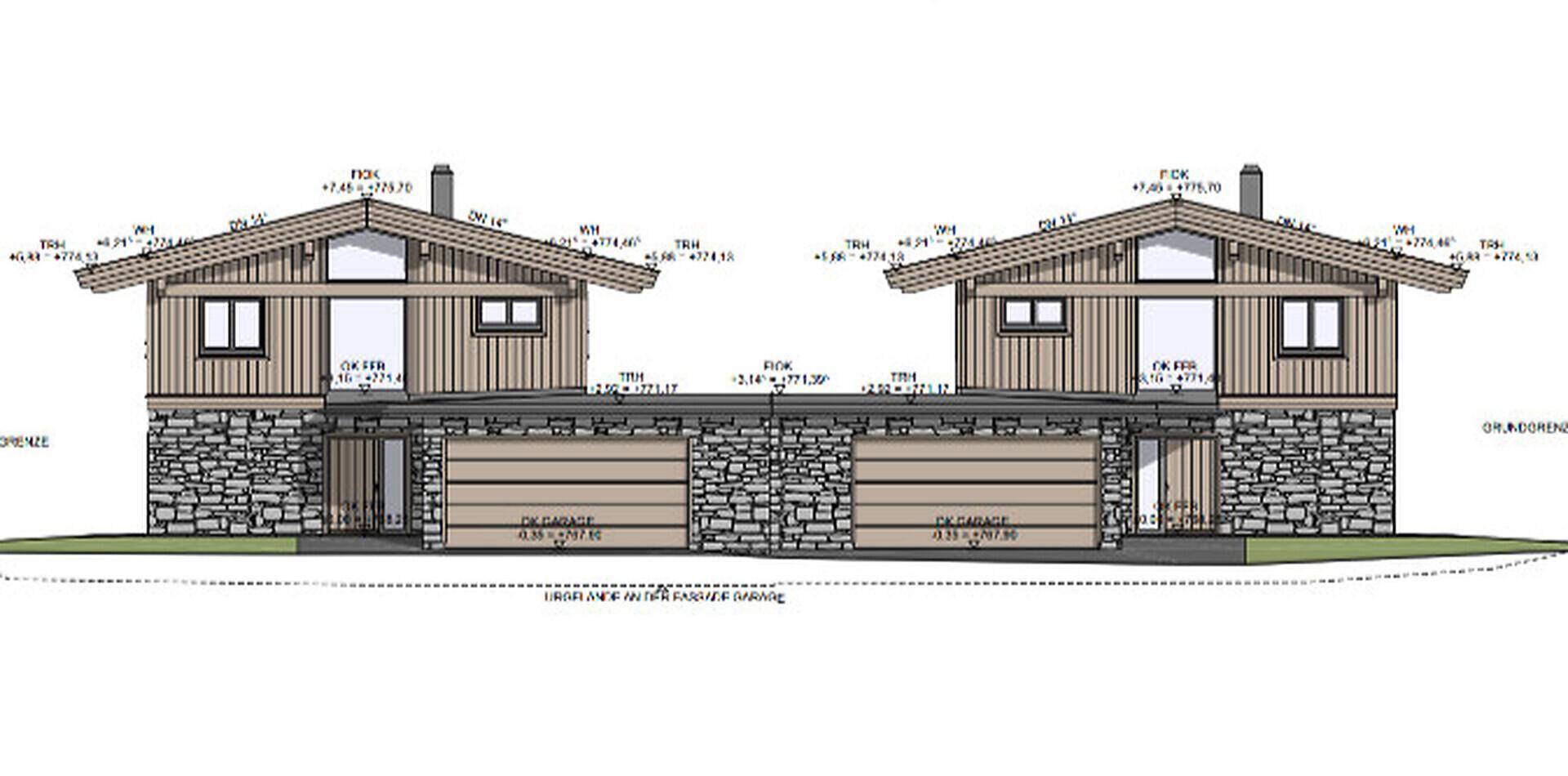 Architektonische Frontansicht des Gebäudes im Chalet-Stil mit Garagen, Holzverkleidung und Steinelementen.