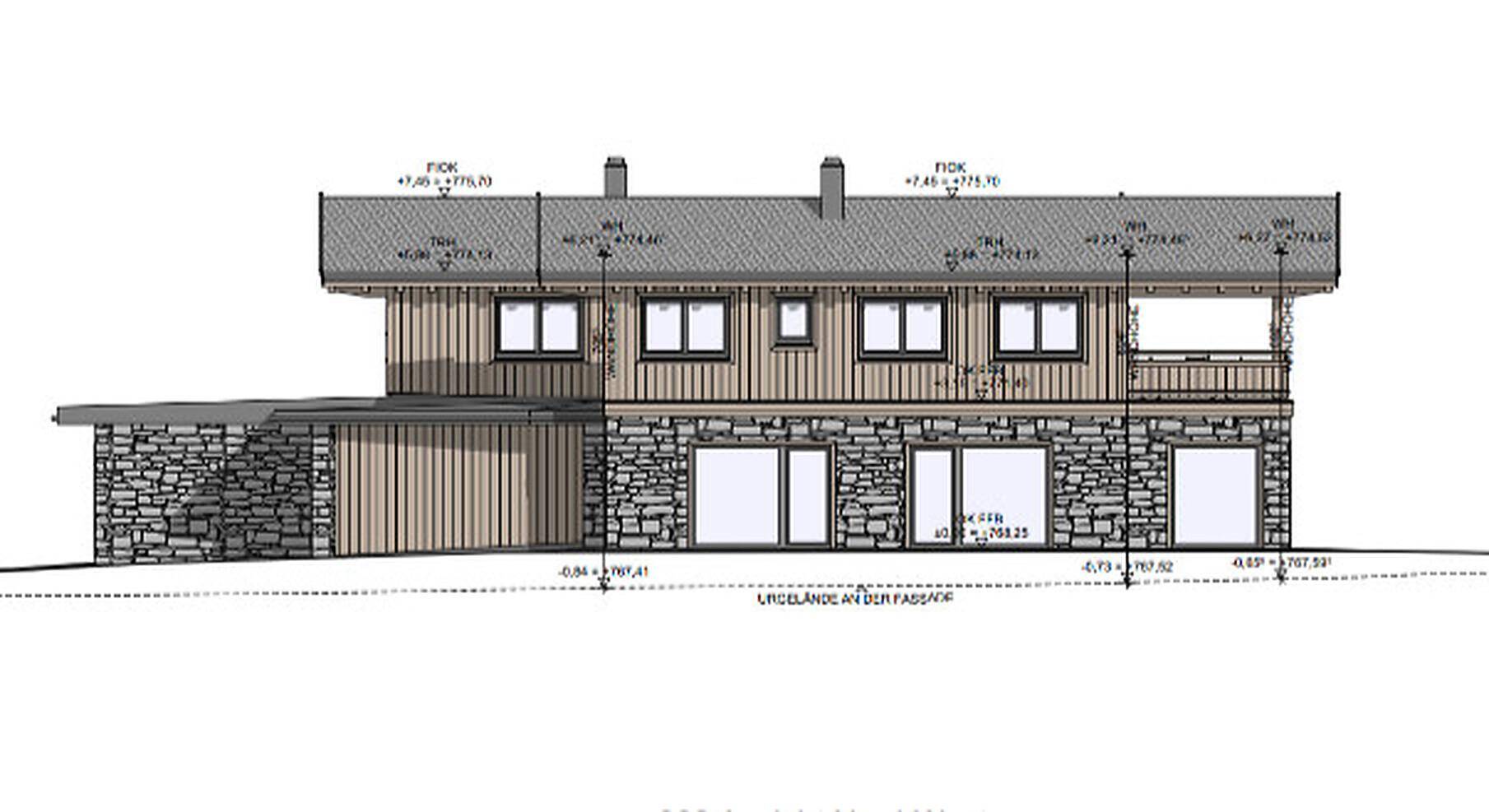 Rückansicht des Gebäudes im traditionellen Stil mit Fenstern, Balkon und einer Mischung aus Holz- und Steinmaterialien.