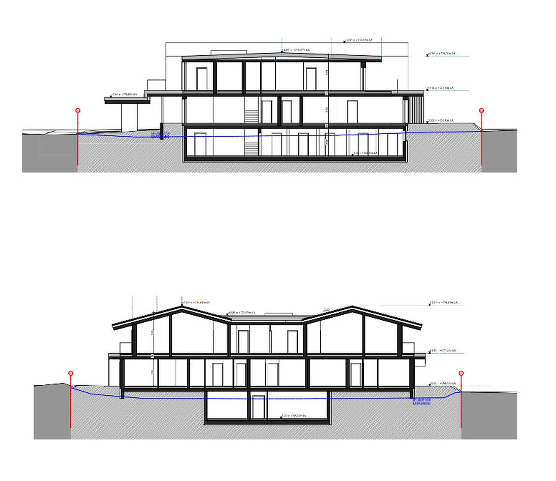 Architektonische Querschnitte des Gebäudes, die die interne Struktur, Geschosse und die Fundamentierung darstellen.