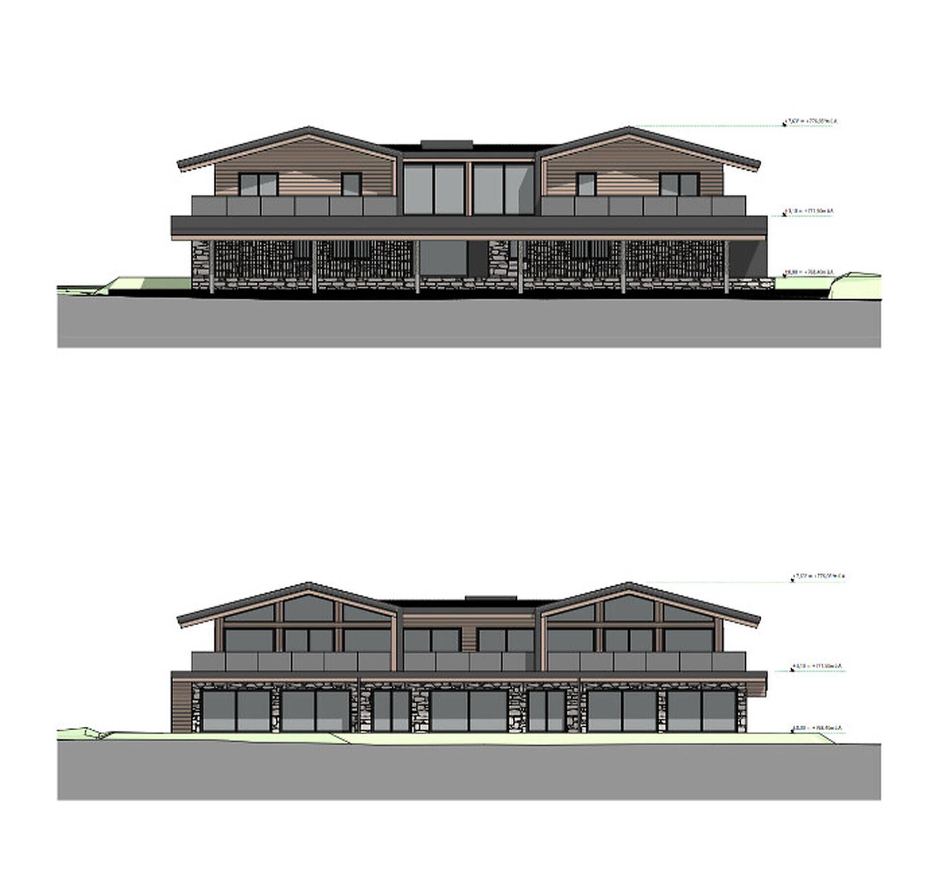 Architektonische Ansichten des Gebäudes von vorne und hinten mit detaillierten Höhenangaben und Fassadengestaltung.