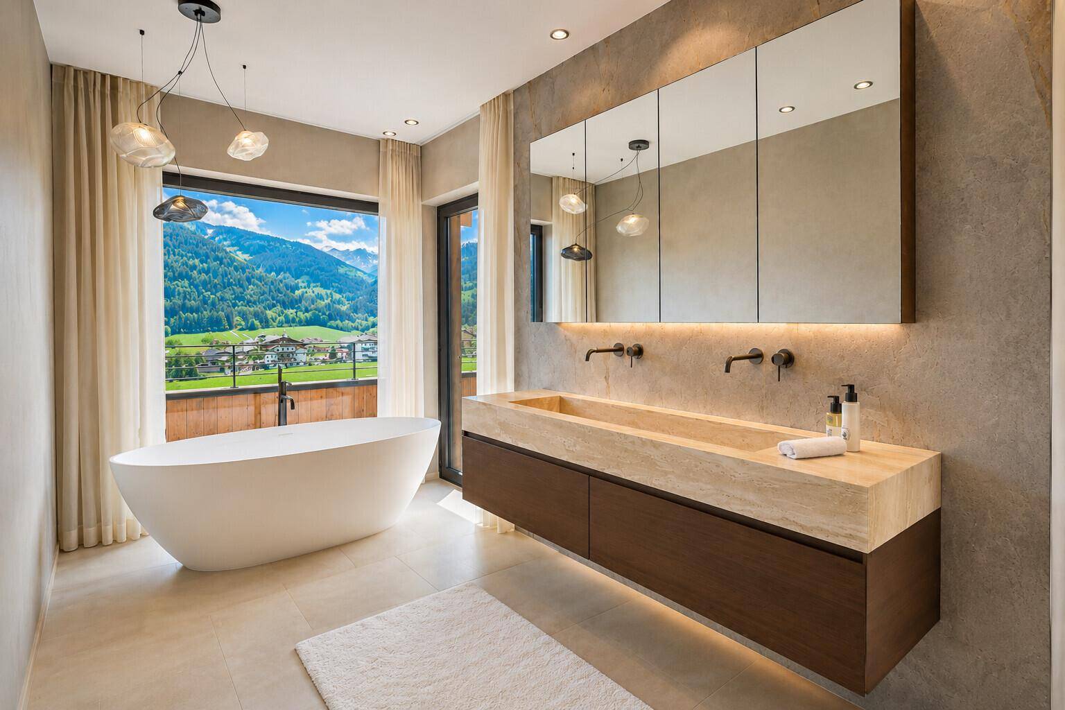 Luxuriöses Badezimmer mit freistehender Badewanne, Doppelwaschbecken und Panoramablick auf die Berge.