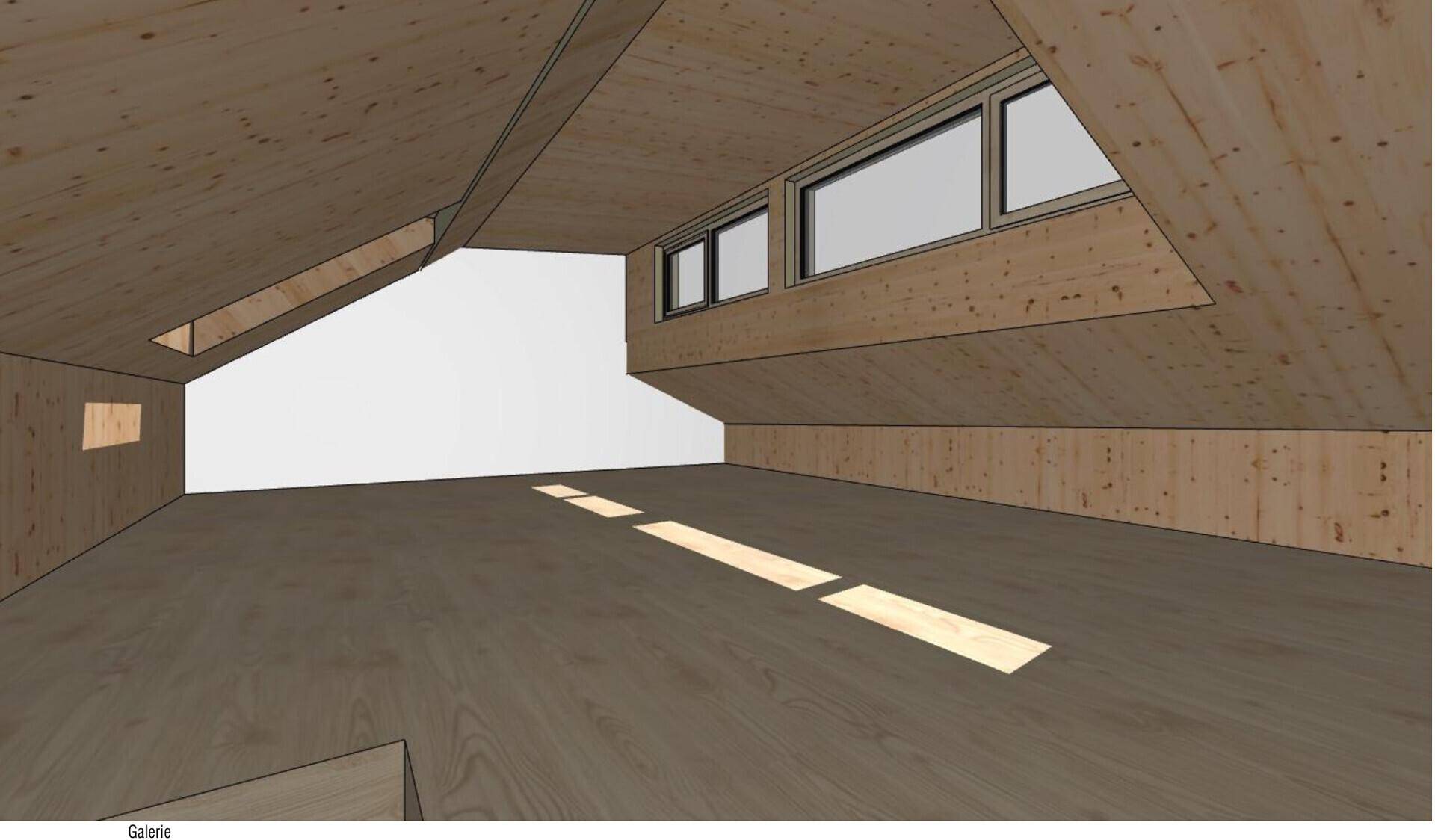 Helle Galerie oder offener Raum im Dachgeschoss mit Holzboden und Dachfenstern.