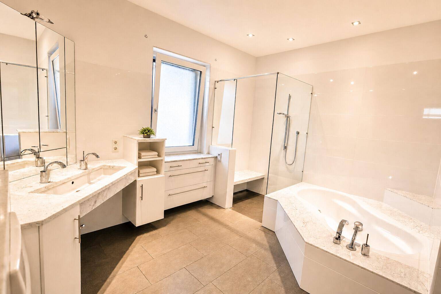 Helles Badezimmer mit Doppelwaschbecken, Eckbadewanne und großer Duschkabine, alles in Weiß gehalten.