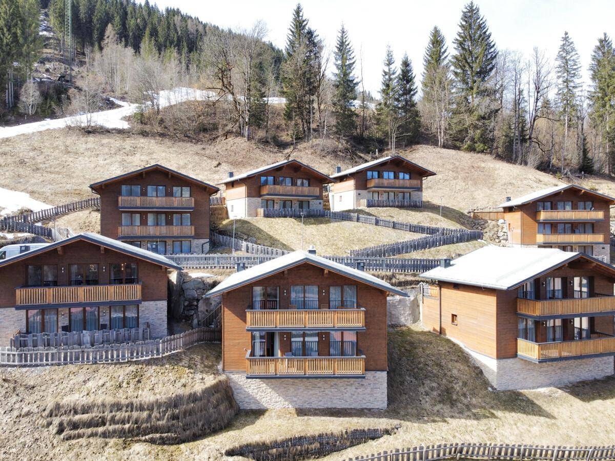 Luftaufnahme einer Gruppe von modernen Chalets mit Holzfassaden, eingebettet in die alpine Landschaft.