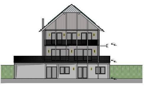Vorderansicht eines modernen Hauses mit mehreren Balkonen und einer Hecke im Vorgartenbereich.