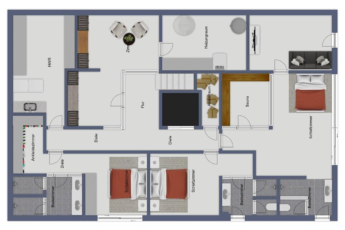 Grundriss des Untergeschosses mit drei Schlafzimmern, Bädern, Sauna und Abstellraum.