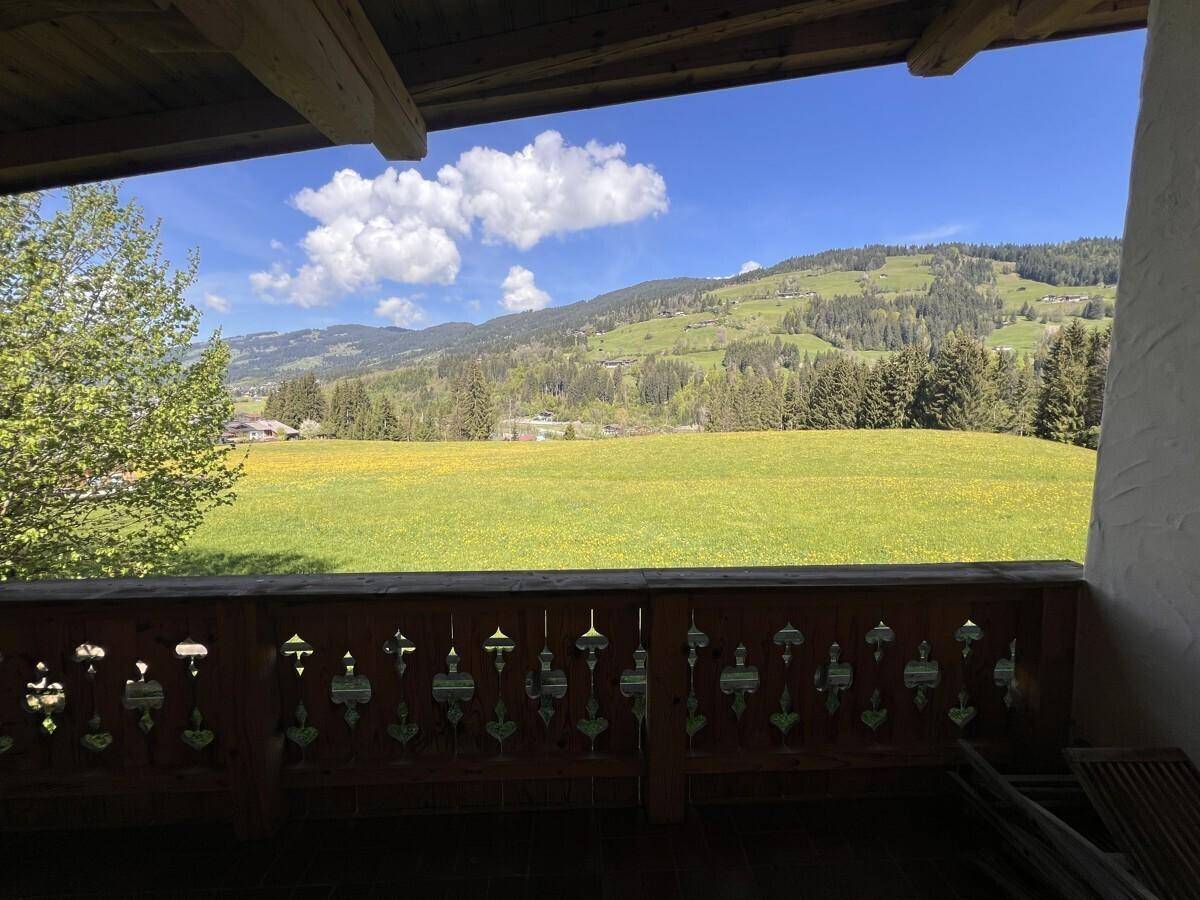 Panoramablick vom Balkon auf weite grüne Wiesen und bewaldete Berge unter blauem Himmel.