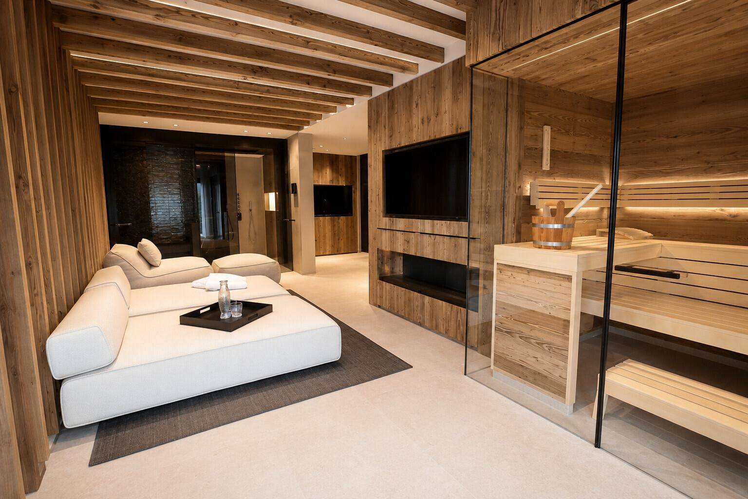 Exklusiver Wellnessbereich mit Sauna, Liegefläche und Holzelementen für pure Entspannung.