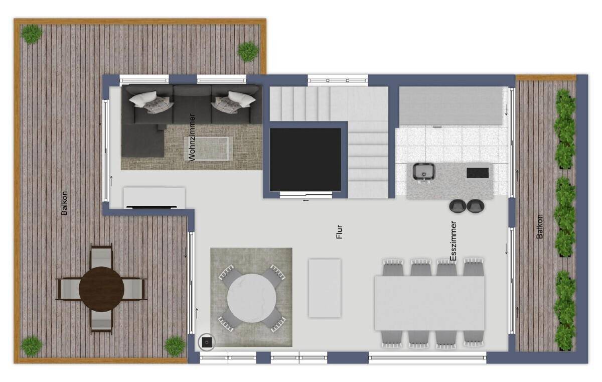 Grundriss des Erdgeschosses mit Wohnzimmer, Esszimmer, Küche und zwei Balkonen.