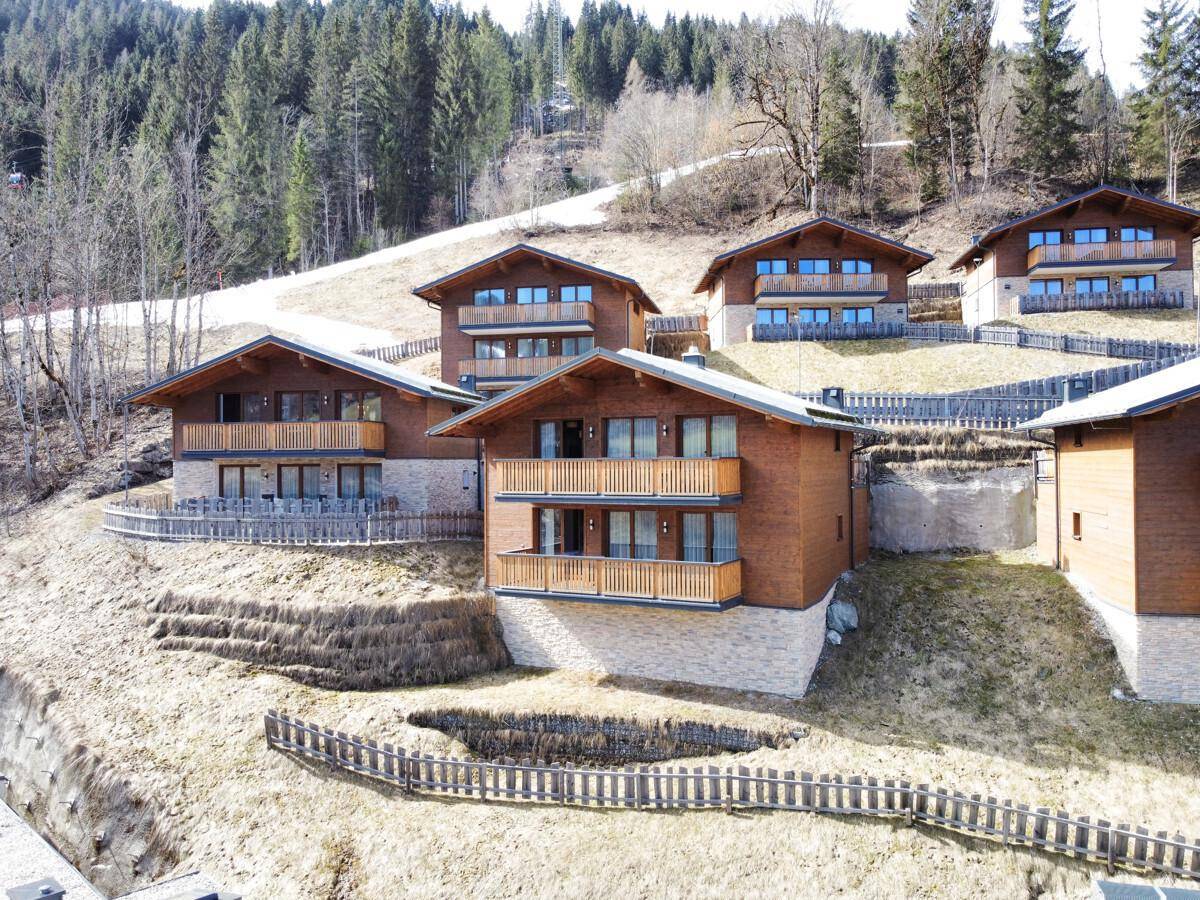 Mehrere moderne Chalets mit Holzfassaden und Balkonen, eingebettet in eine grüne Hanglandschaft.