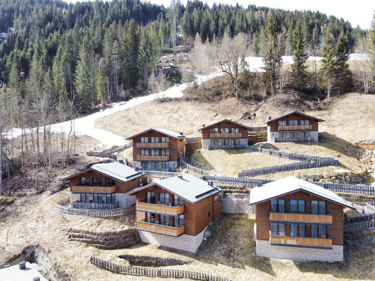 Luftaufnahme mehrerer moderner Chalets mit Holzfassaden und Balkonen, harmonisch in die Berglandschaft integriert.