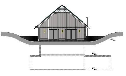 Architektonische Seitenansicht eines Hauses mit Satteldach und Kellergeschoss.