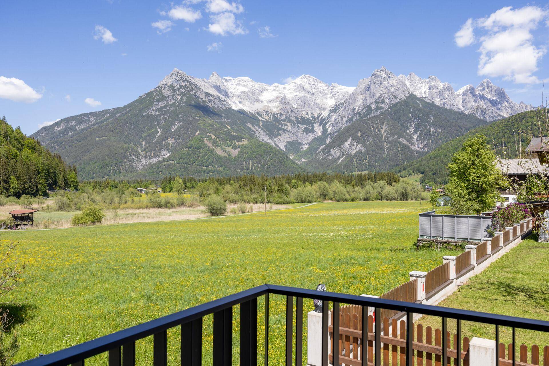 Atemberaubender Panoramablick vom Balkon auf grüne Wiesen und majestätische Berge.