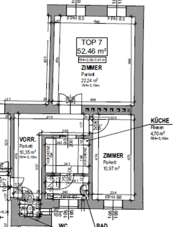 Grundriss einer Wohnung mit zwei Zimmern, Küche, Bad und WC, insgesamt 52,46 m².