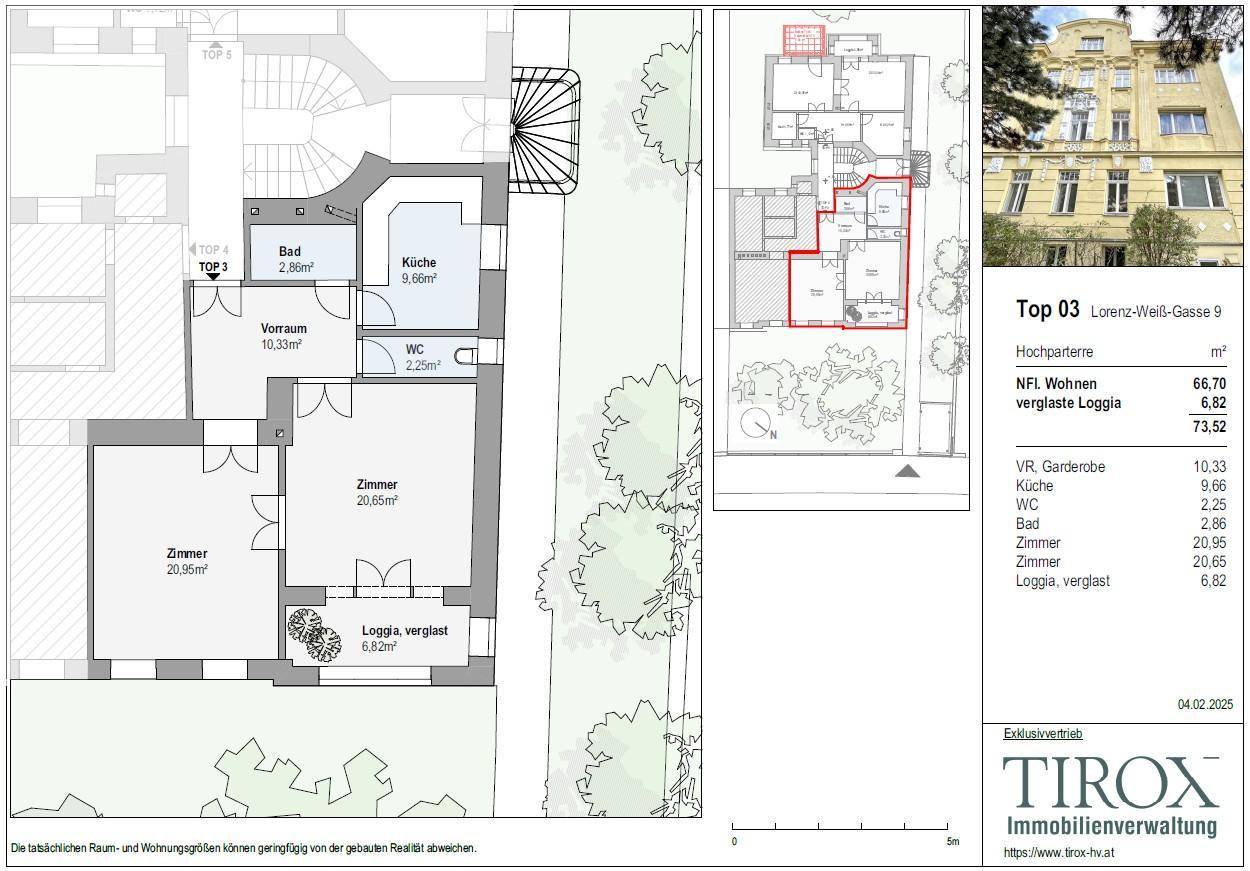 Detaillierter Grundriss einer Wohnung mit Loggia und Gartenblick, inklusive Flächenangaben.
