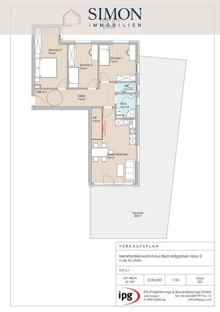 Grundriss einer Wohnung mit drei Zimmern, Bad, WC und einer großen Terrasse von 63m².