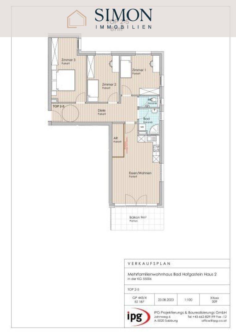 Grundriss einer Wohnung mit drei Zimmern, offenem Wohnbereich und einem Balkon von 9m².