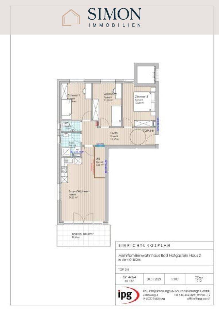 Detaillierter Grundriss einer Wohnung mit drei Zimmern, offenem Wohnbereich und Balkon.