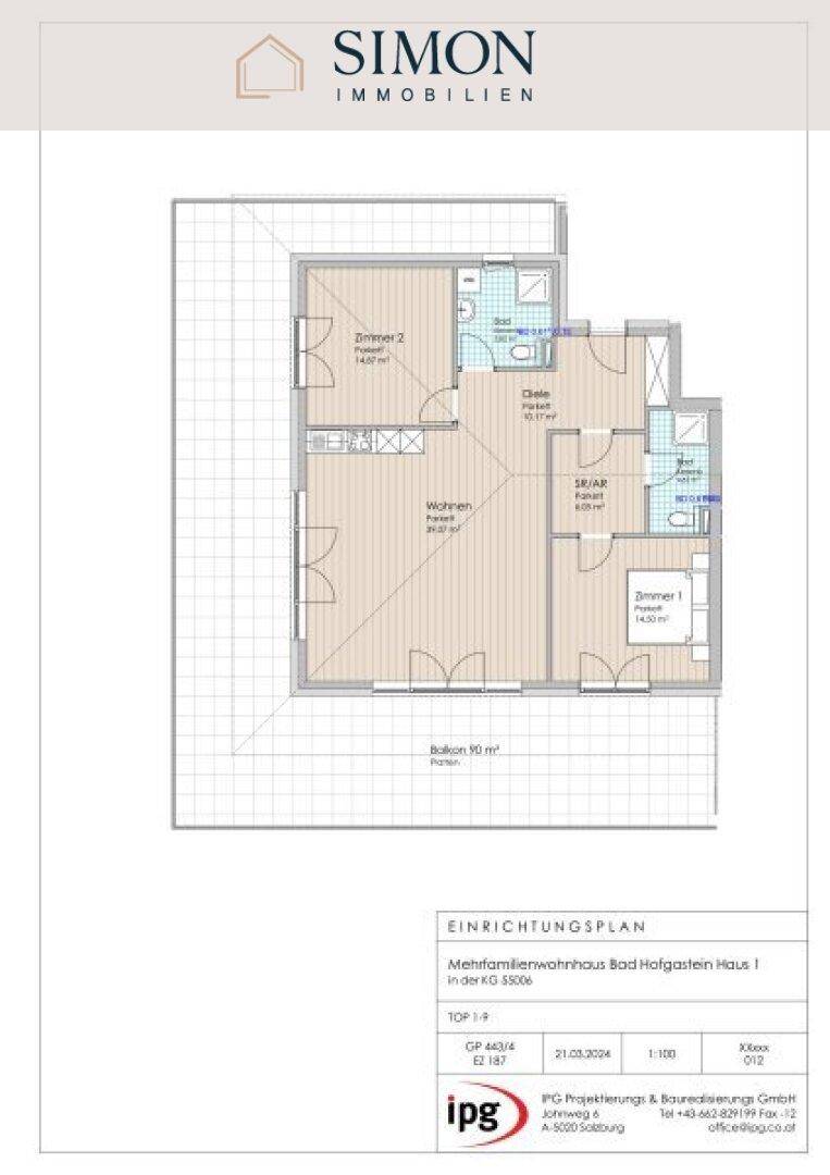 Grundriss einer Wohnung mit zwei Schlafzimmern, offenem Wohnbereich und großem Balkon.