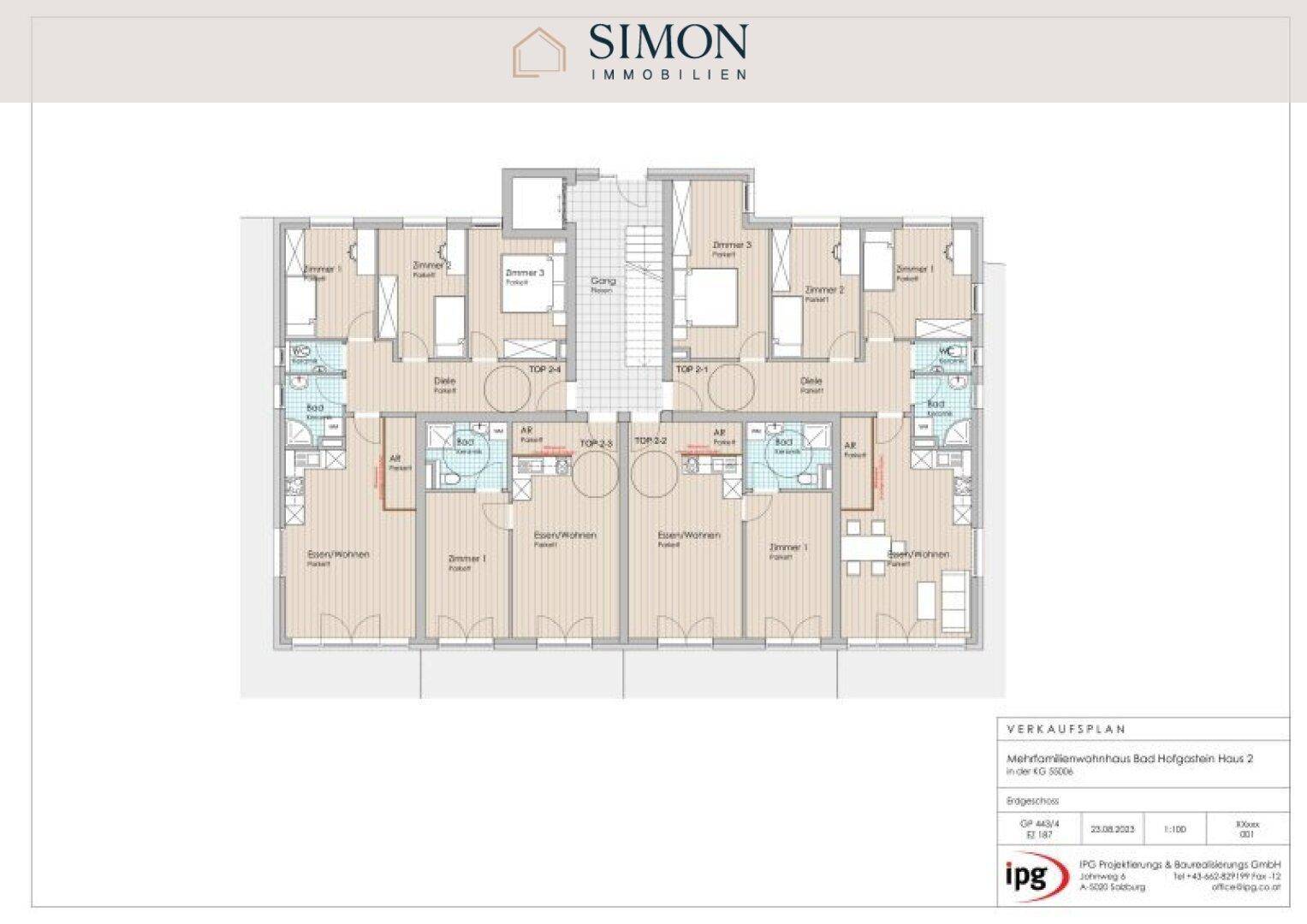 Detaillierter Grundriss einer Etage mit mehreren Wohneinheiten und gemeinschaftlichem Zugang.