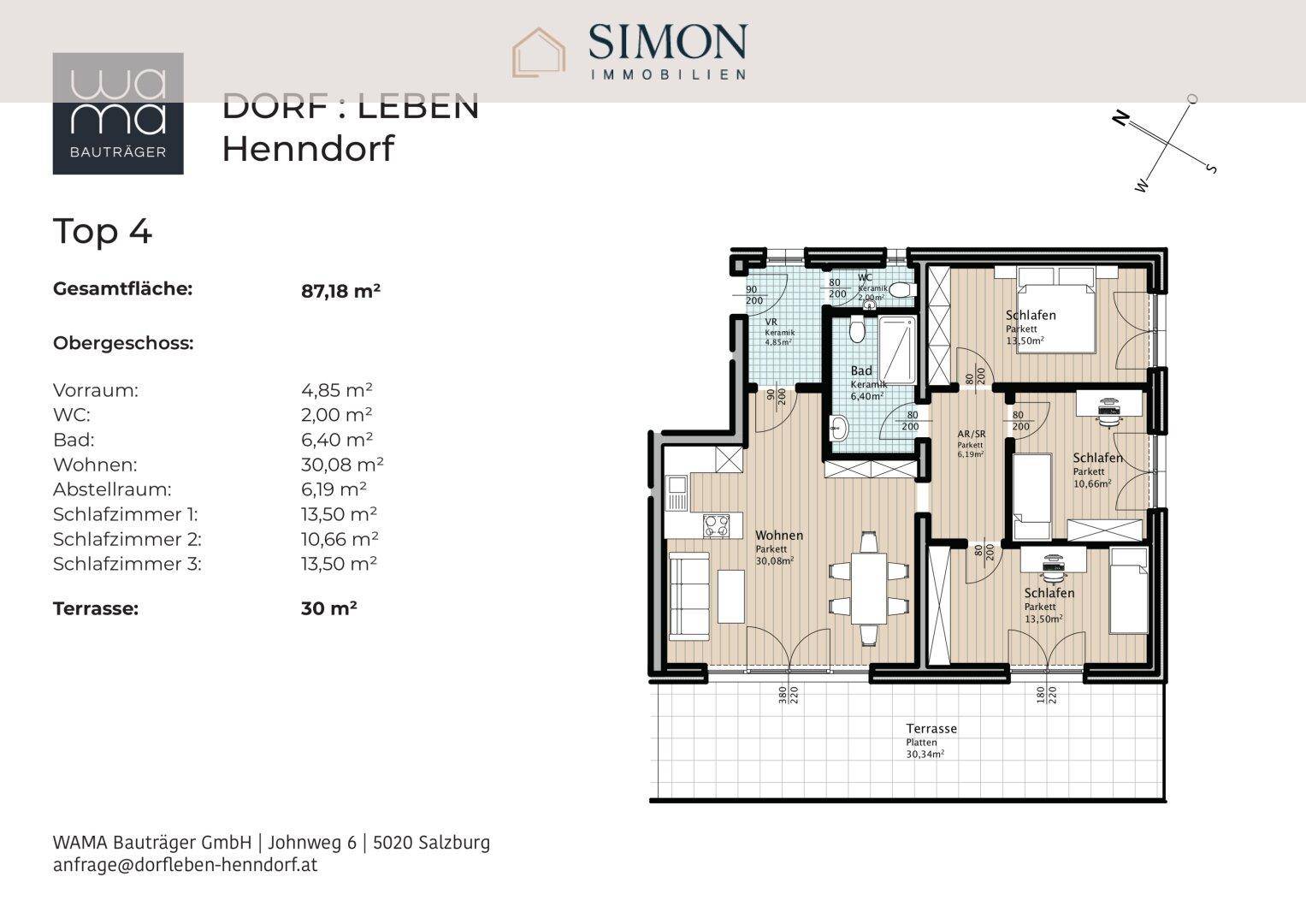 Grundriss der Wohnung Top 4 mit drei Schlafzimmern und großer Terrasse.