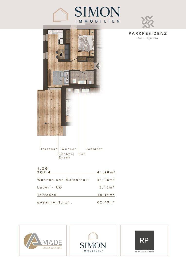 Grundriss der Wohnung Top 4 im ersten Obergeschoss mit Terrasse und offenem Wohnbereich.