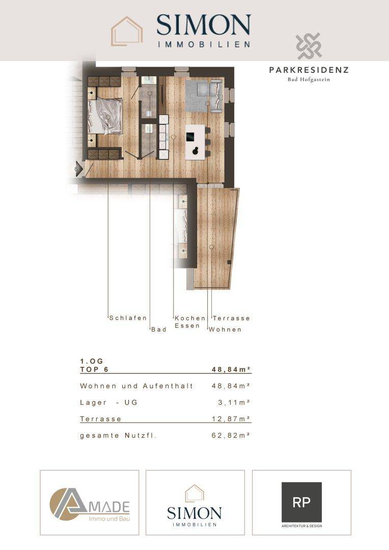 Grundriss der Wohnung im 1. Obergeschoss mit Schlafzimmer, Wohn-Essbereich und Terrasse.