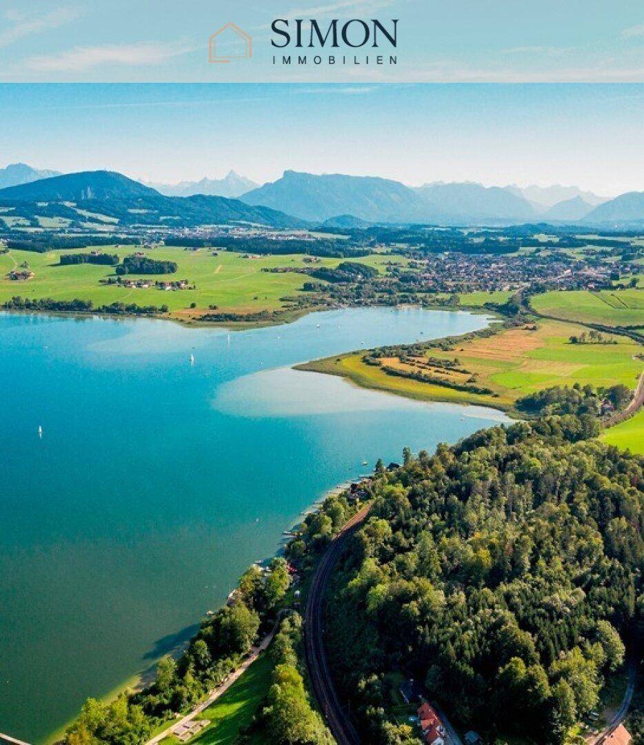 Luftaufnahme eines malerischen Sees umgeben von Wäldern, grünen Feldern und einer beeindruckenden Bergkulisse.